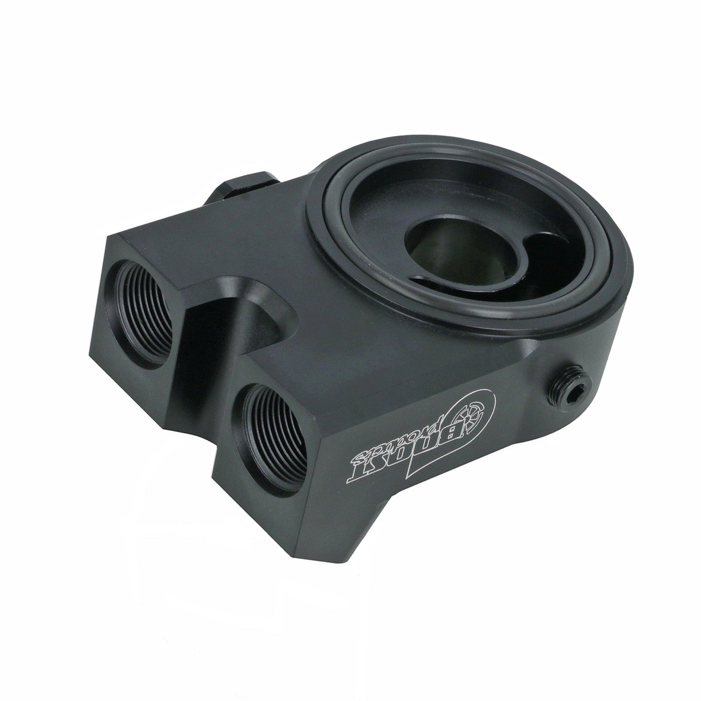 BOOST Products Billet Oil Filter Sandwich Plate Adapter  w/ Thermostat, black anodized